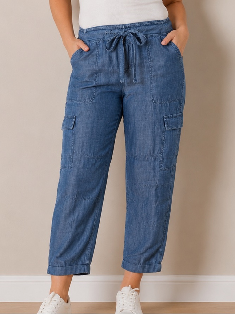 Lord & Taylor Tencel Cargo Pants Womens Small Blue Drawstring Utility Crop Ankle